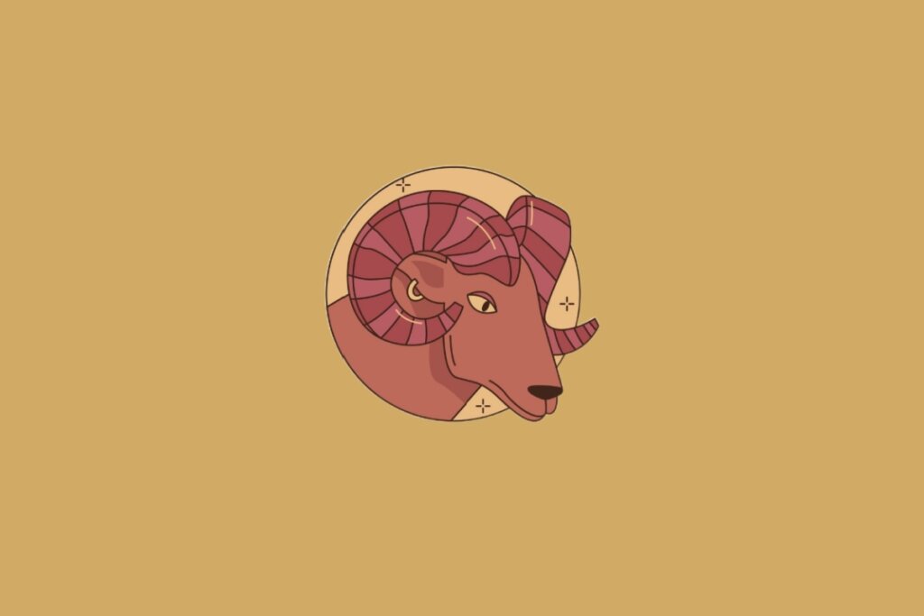 Ilustração do signo de Áries contendo a cabeça de um carneiro com chifres curvados em fundo mostarda