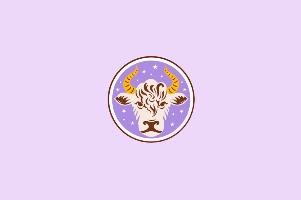 Ilustração do signo de Touro, mostrando a cabeça de um touro com chifres voltados para cima em fundo lilás