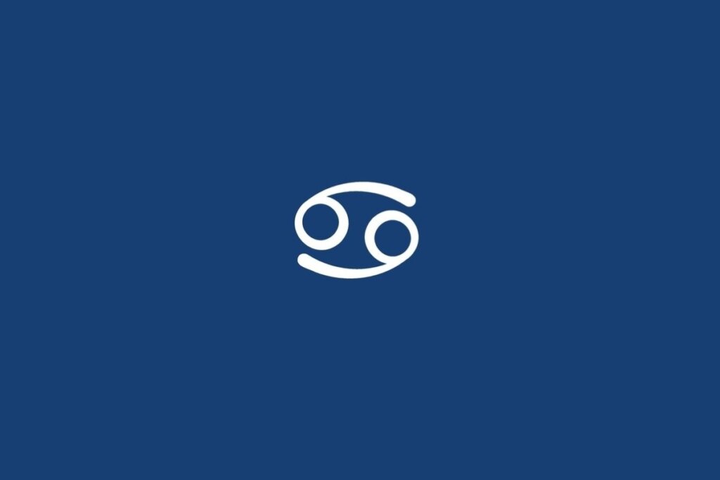 Ilustração do signo de Câncer, em fundo azul-escuro, contendo dois círculos opostos conectados a linhas curvas, um voltado para cima e o outro para baixo