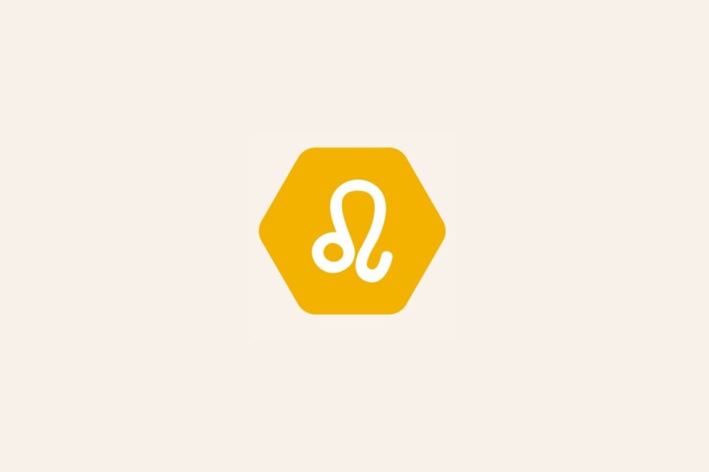 Ilustração do signo Leão, com símbolo branco em forma de cauda curva em hexágono amarelo-alaranjado em fundo bege