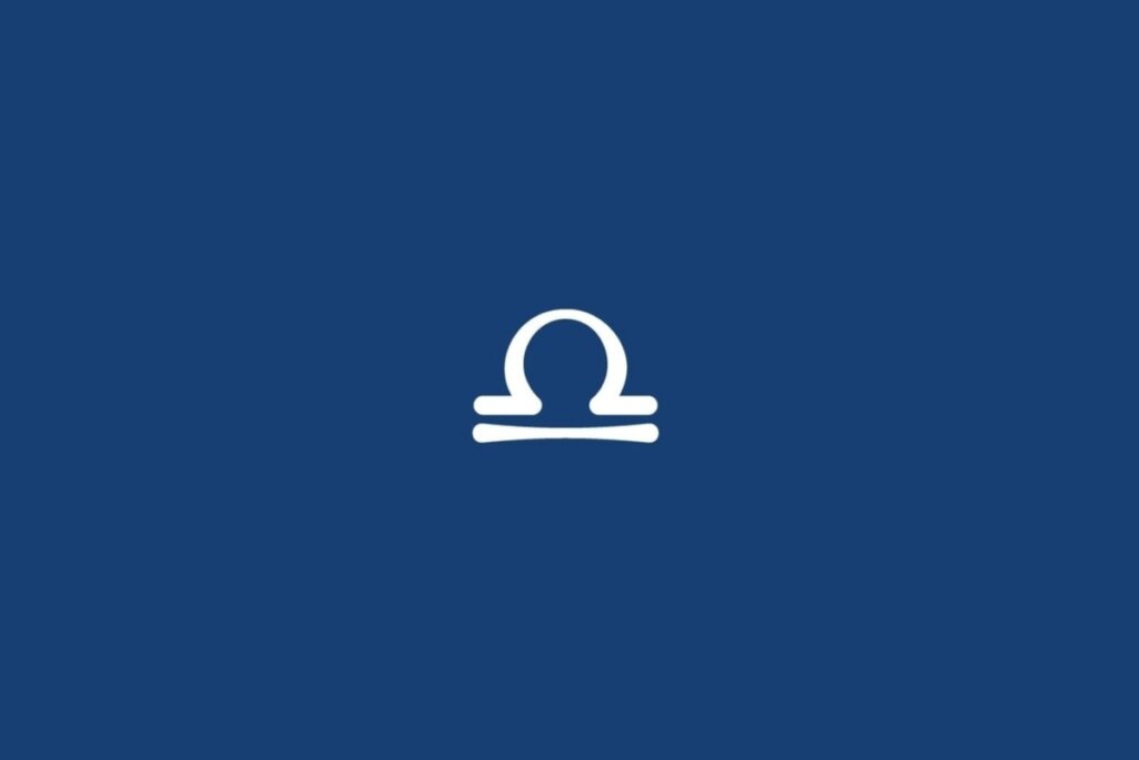 Ilustração do signo de Libra, em fundo azul-escuro, contendo uma forma circular sobre uma linha reta curta e, abaixo, uma linha horizontal