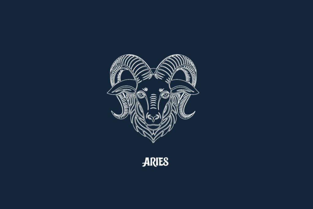 Ilustração em linhas brancas sobre fundo azul-escuro representando o signo de Áries. O desenho mostra em close frontal a cabeça de um carneiro com grandes chifres espiralados e detalhados. Logo abaixo, está escrita a palavra "ARIES" em fonte estilizada branca.