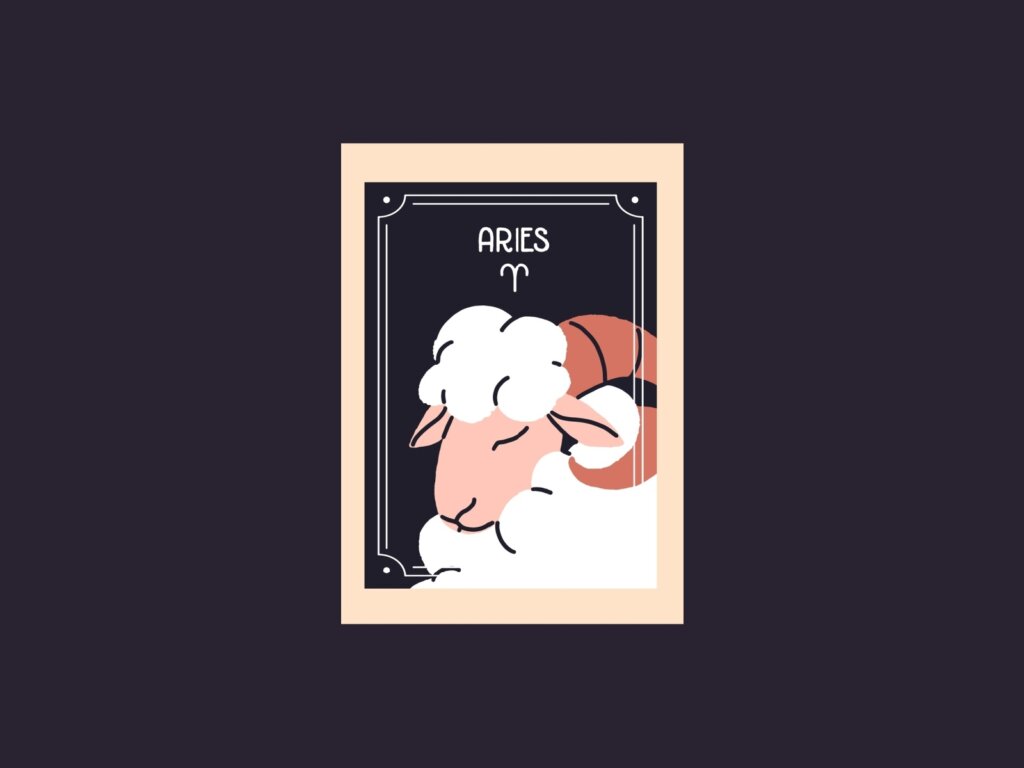 Ilustração do signo de Áries apresentando a cabeça de um carneiro branco com grandes chifres curvados em tom terracota. No topo da carta, estão o nome "ARIES" e o respectivo símbolo astrológico.