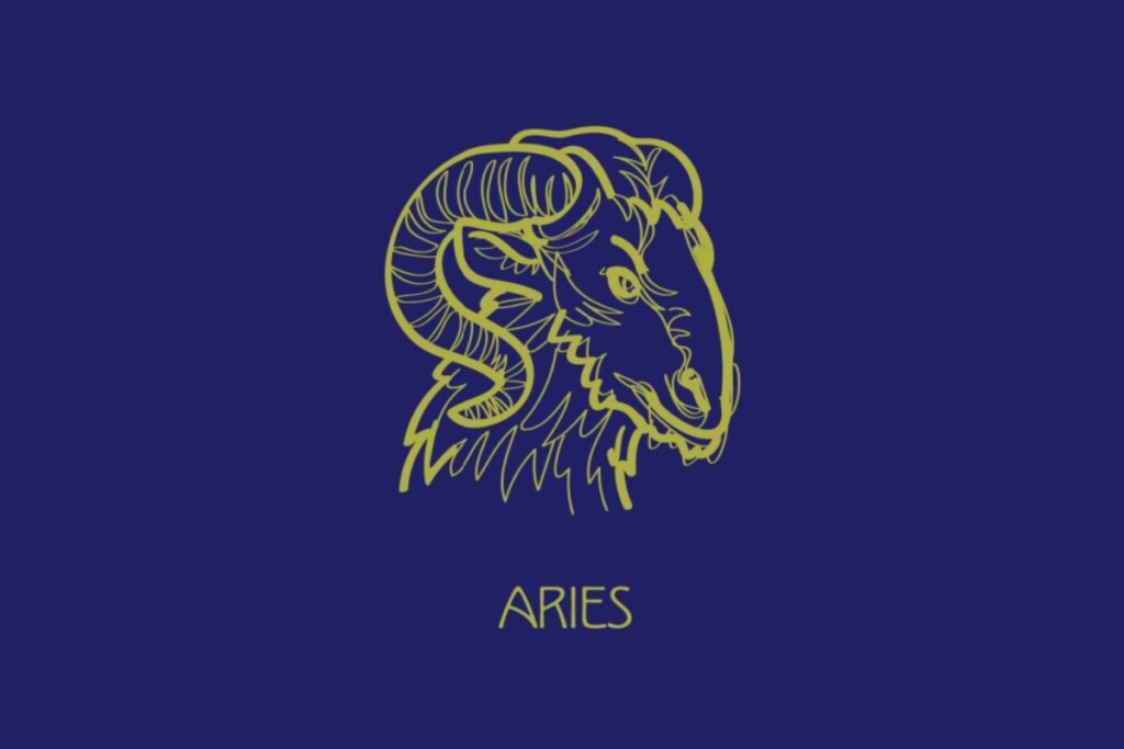 ilustração amarela da cabeça de um carneiro e nome "aries" embaixo sobre fundo azul