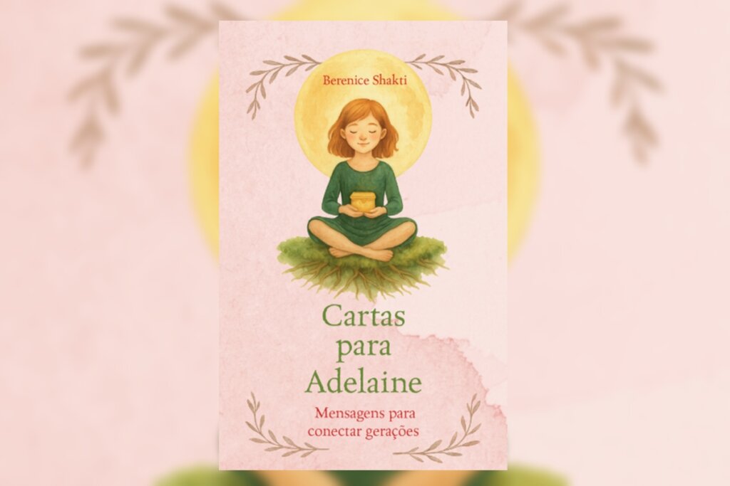 Capa do livro "Cartas para Adelaine", com a ilustração de uma mulher sentada em um gramado e segurando uma caixa dourada 
