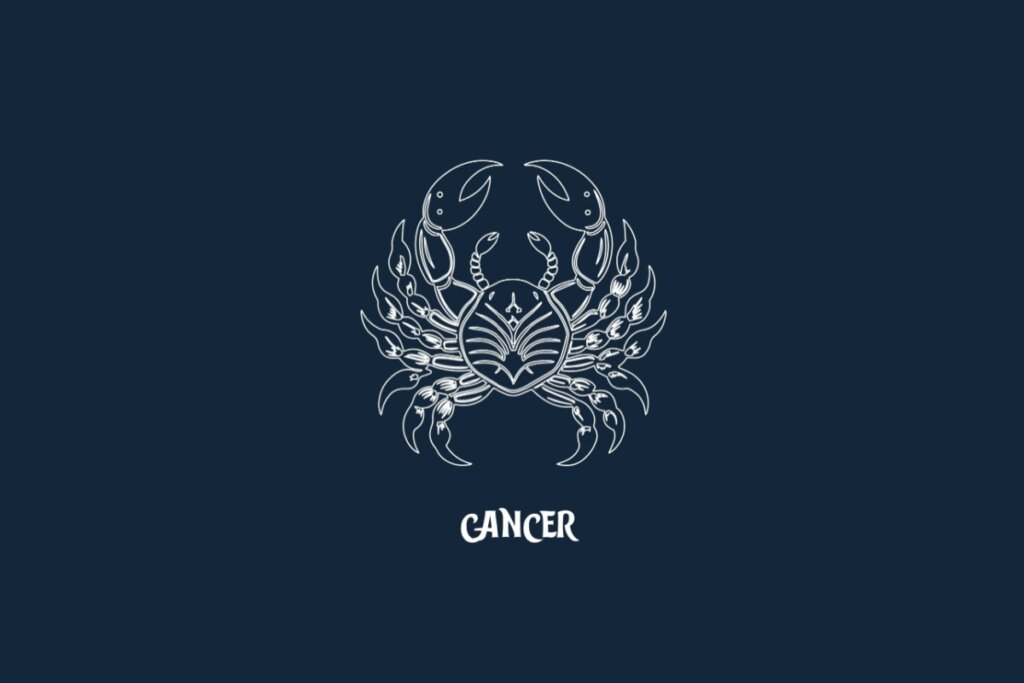 Ilustração em linhas brancas sobre fundo azul-escuro representando o signo de Câncer. O desenho mostra um caranguejo detalhado visto de cima com as duas garras abertas para o alto. Logo abaixo, está escrita a palavra "CANCER" em fonte estilizada branca.