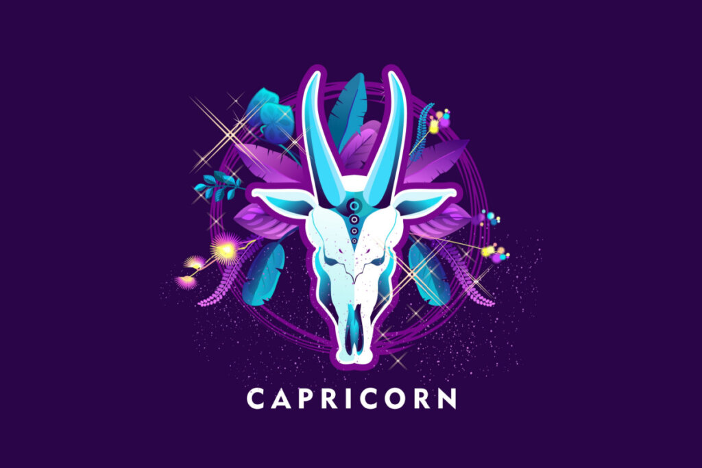 Símbolo do signo de Capricórnio em tons de azul e roxo em fundo roxo 