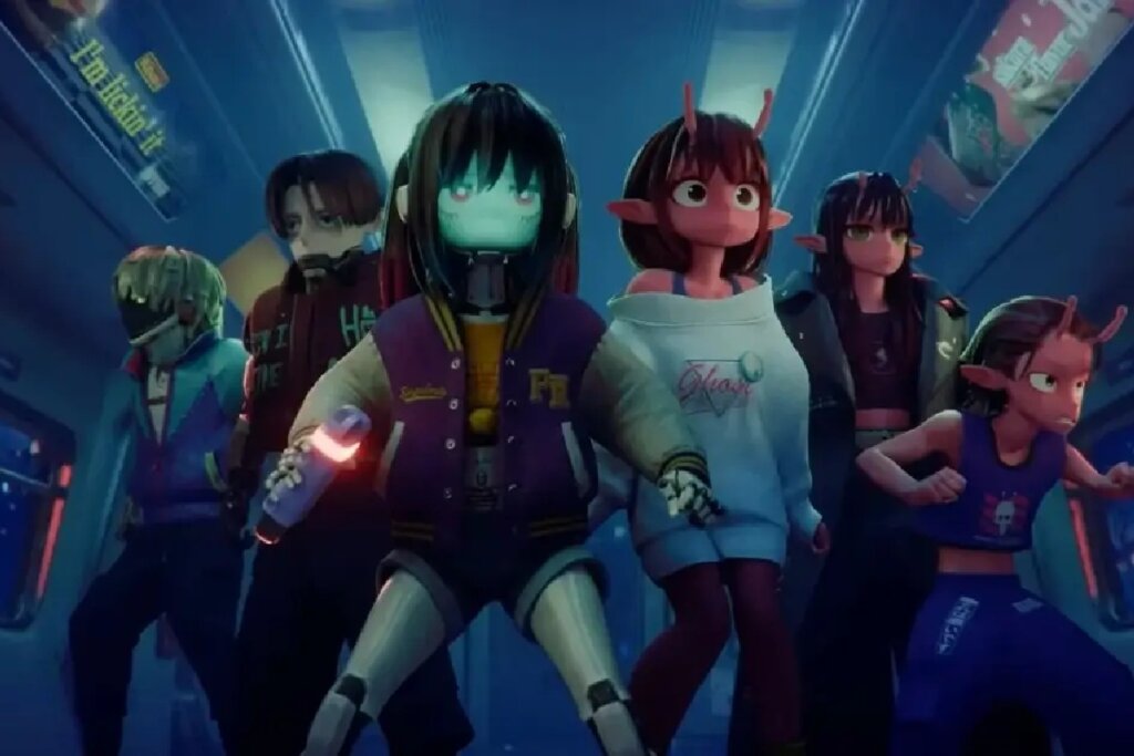 Imagem em estilo anime 3D de um grupo de jovens personagens futuristas, incluindo a ciborgue Makina ao centro, em pose de ação dentro de um vagão de comboio espacial.