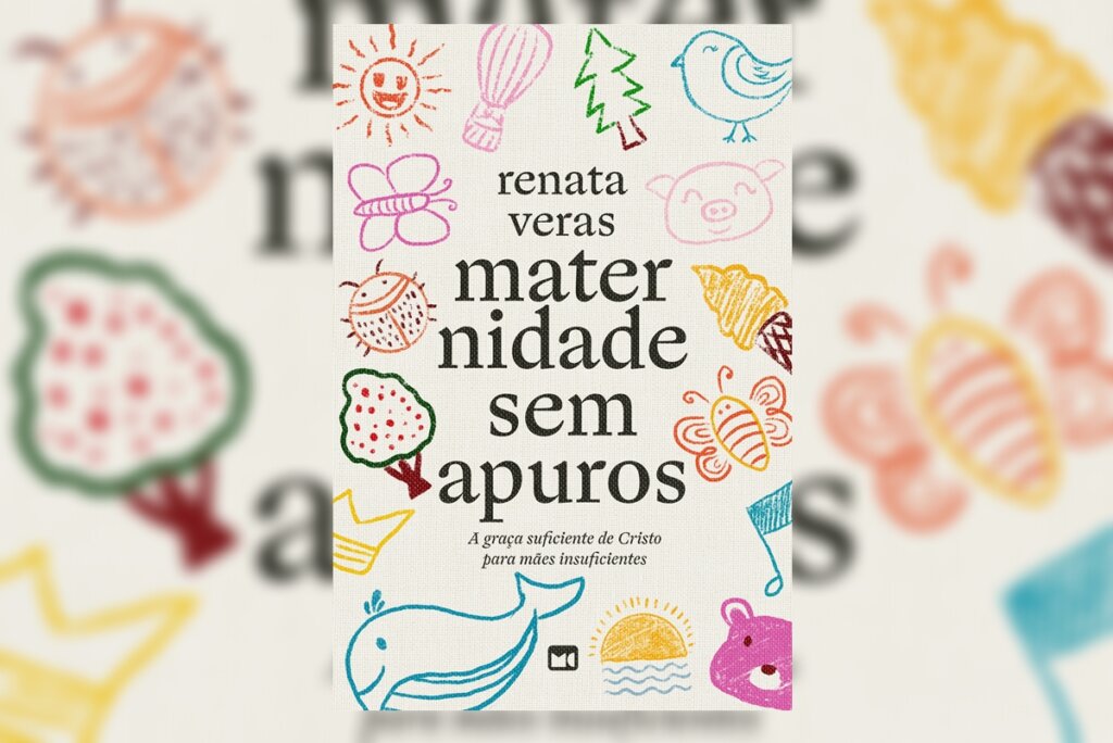 Capa do livro "Maternidade sem apuros", com a ilustração de desenhos infantis de árvores, borboletas, pássados e balões 