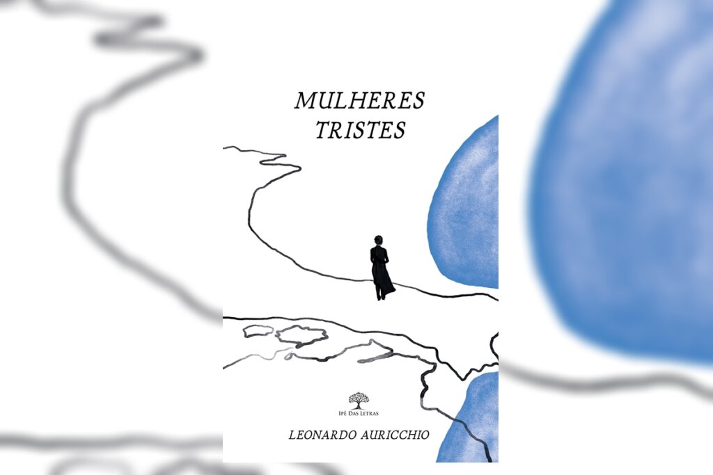 Capa do livro "Mulheres tristes, amores & revoluções", com a ilustração de uma pessoa andando em um fundo branco com riscos pretos e mancha azul do lado 