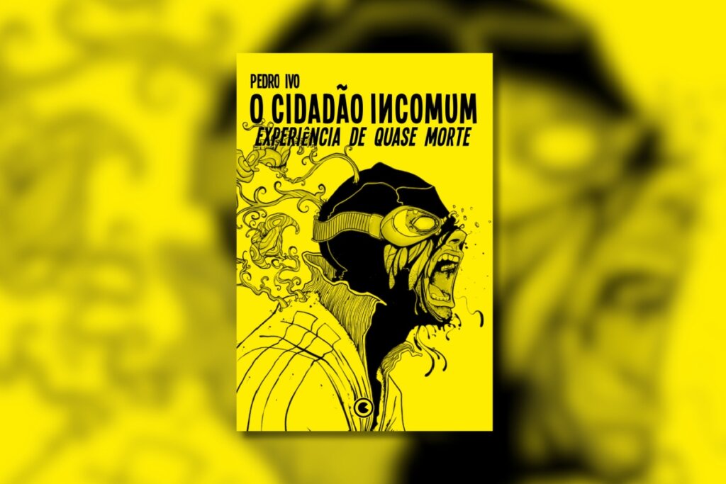 Capa de livro com fundo amarelo vibrante e o título "O Cidadão Incomum: Experiência de Quase Morte". Apresenta a ilustração em traço preto do perfil de um homem usando óculos de proteção tecnológicos com fios saindo da cabeça.