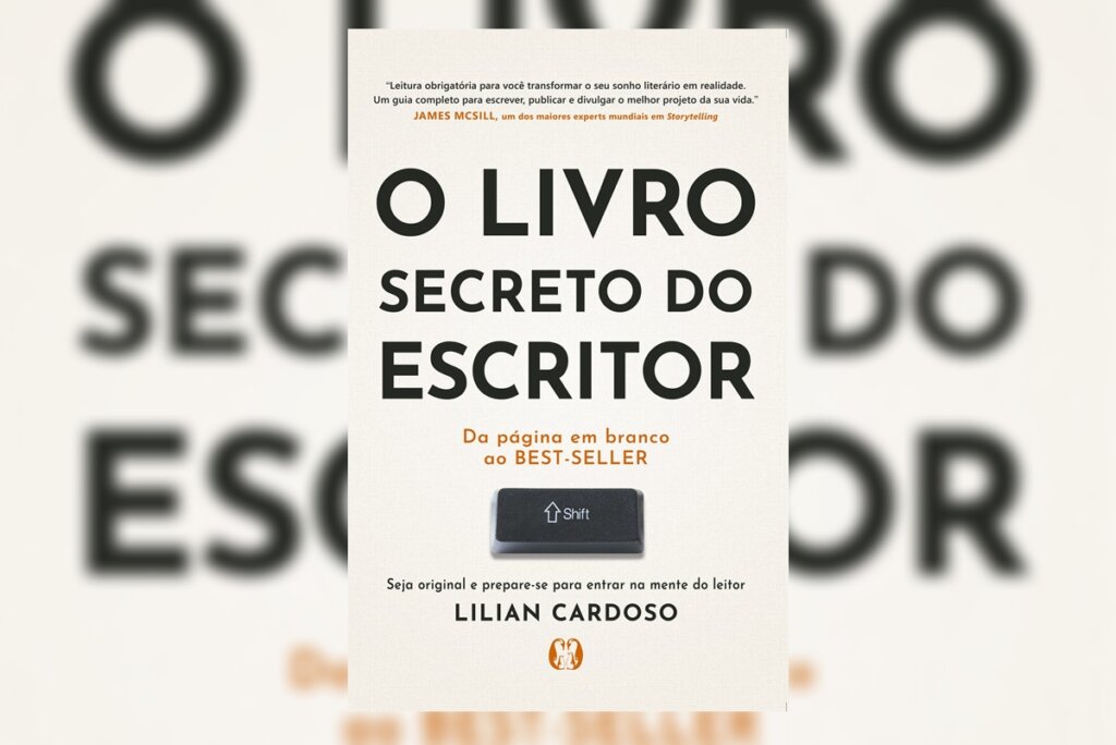 Capa do livro " O livro secreto do escritor", com  o nome do livro centralizado em um fundo bege e a ilustração do botão de shift abaixo 