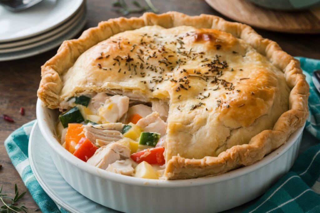 Uma torta salgada em um refratário branco, com uma fatia cortada revelando o recheio cremoso de pedaços de frango, abobrinha, cenoura e pimentão. A torta é coberta por uma massa folhada dourada e polvilhada com ervas secas.