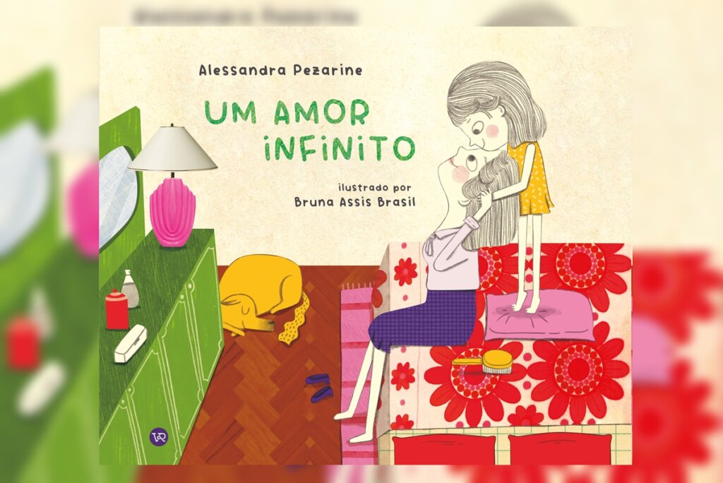 Capa do livro "Um amor infinito", com uma menina abrançando a mãe enquanto ela está de costas para a criança e sentada em uma cama 
