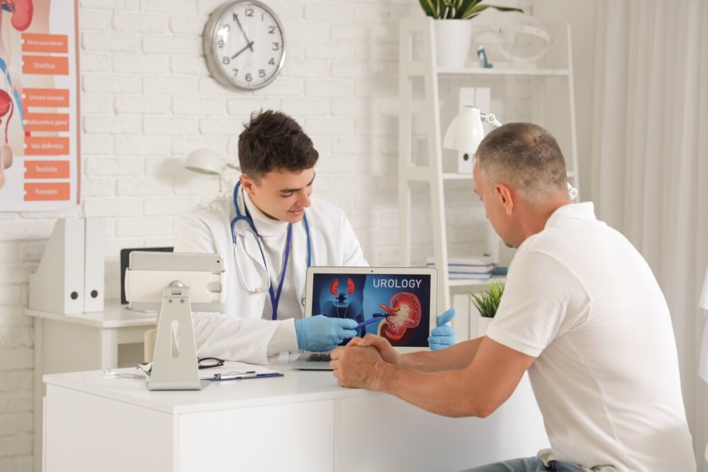 Um médico jovem, de jaleco branco e estetoscópio no pescoço, está sentado em seu consultório atendendo um paciente. O médico usa luvas azuis e utiliza uma caneta para apontar para a tela de um laptop, que exibe uma ilustração anatômica do sistema urinário com a palavra "UROLOGY". O paciente, um homem de camiseta branca, está de costas para a câmera, observando atentamente a explicação. O ambiente é iluminado e profissional, com paredes de tijolos brancos, um relógio de parede e cartazes médicos ao fundo.