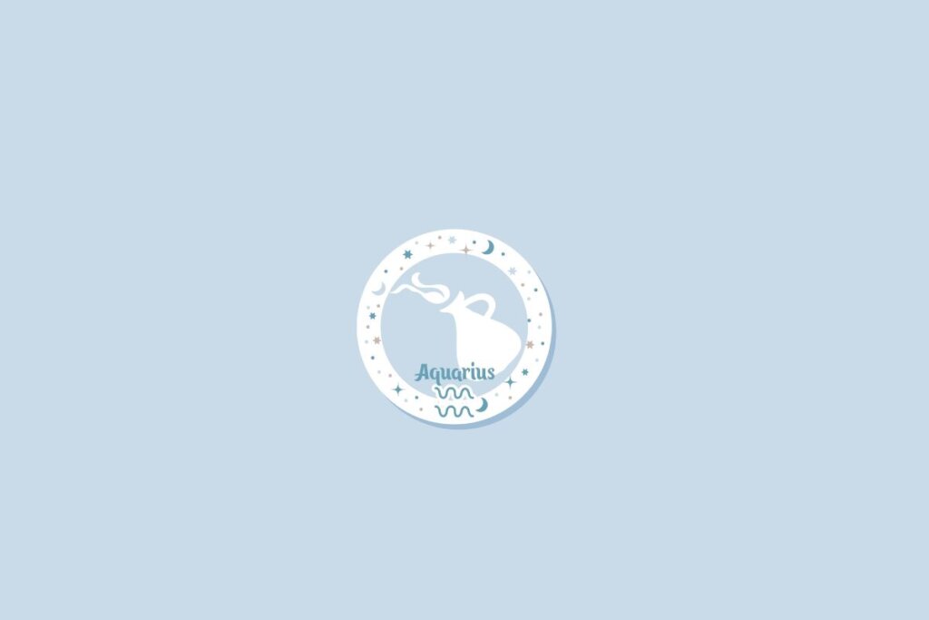 Símbolo do signo de aquário sobre fundo azul-claro, com detalhes de estrelas e luas distribuídos ao redor em um círculo branco