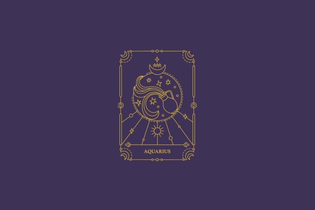 Ilustração do signo de aquário em dourado com detalhes na mesma cor ao redor. Fundo roxo-escuro