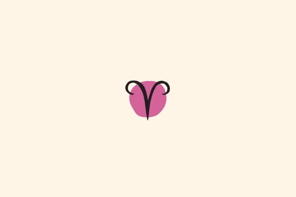 Símbolo de Áries preto sobre um círculo rosa, em fundo bege