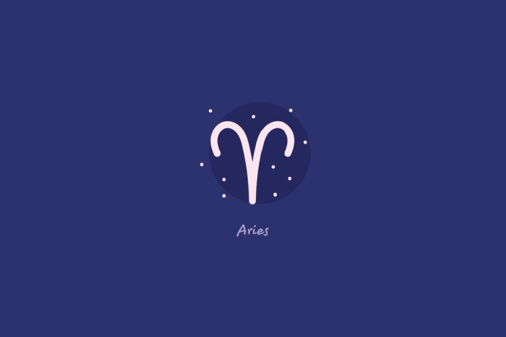 Ilustração do signo de Áries em um círculo azul-escuro, rodeado por estrelas, com o nome do signo abaixo, sobre fundo azul