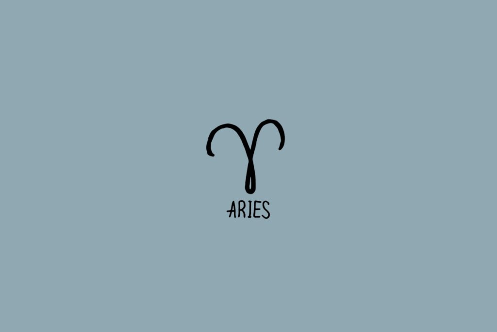Ilustração do signo de áries em preto em um fundo cinza com o nome do signo embaixo