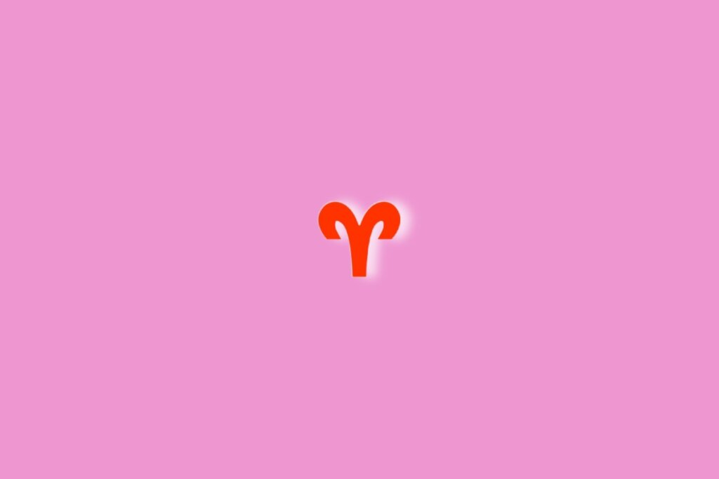 Fundo rosa com o símbolo do signo de Áries em vermelho no centro da imagem. Luz branca ao redor dele 