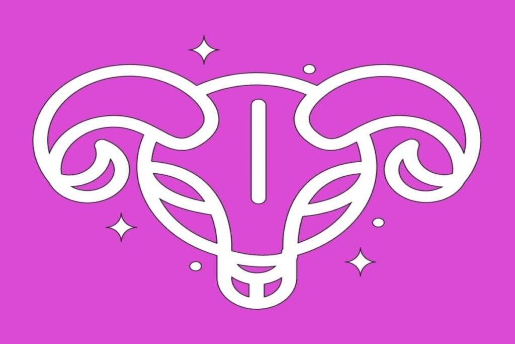 Ilustração de um carneiro estilizado, com grandes chifres curvados, em traço branco sobre fundo rosa. O desenho é simples e simétrico, com pequenos brilhos decorativos ao redor.
