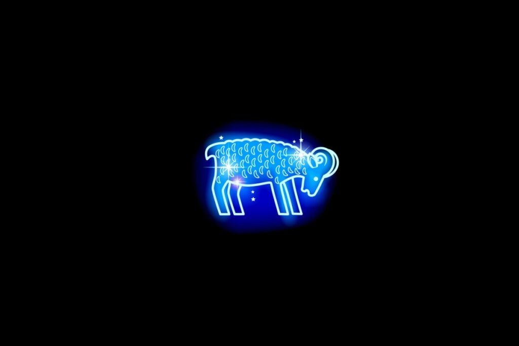 Ilustração do signo de áries em azul sobre um fundo preto