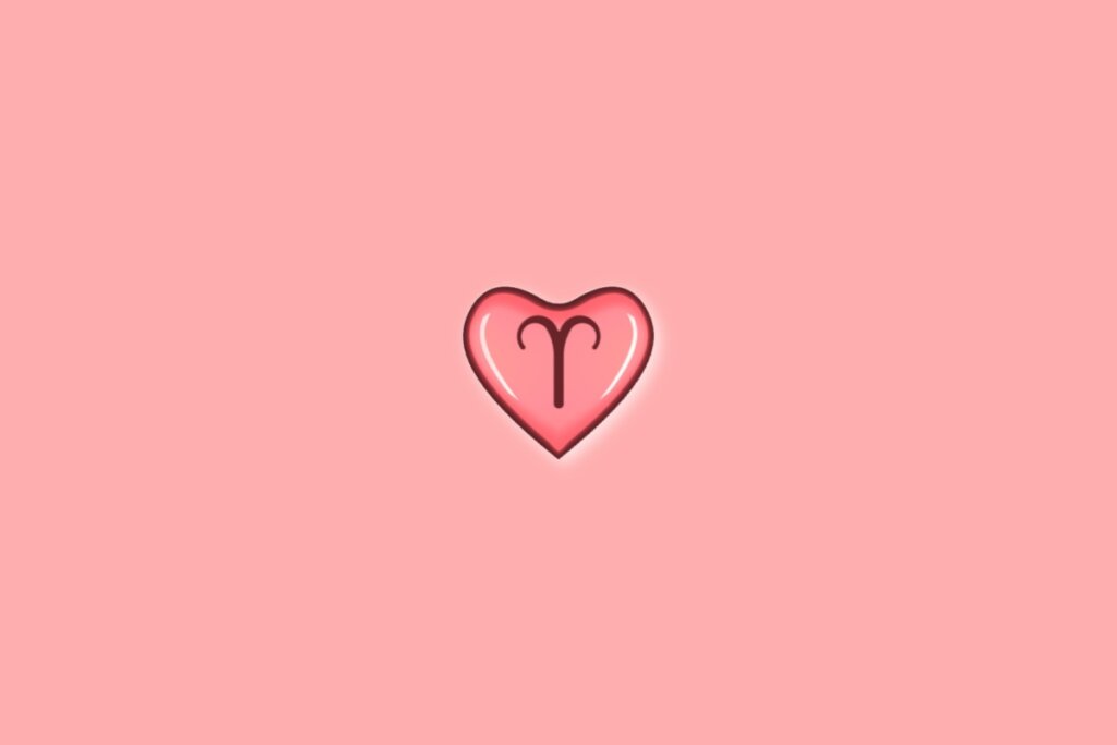 Coração em fundo vermelho-claro com o símbolo do signo de áries dentro