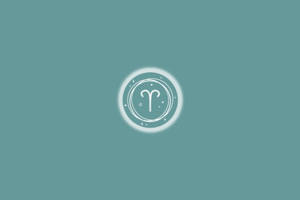 Ilustração do signo de áries, em um círculo branco com estrelas, sobre um fundo verde