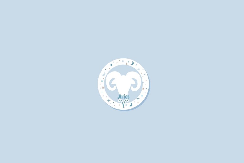 Símbolo do signo de Áries sobre fundo azul-claro, com detalhes de estrelas e luas distribuídos ao redor em um círculo branco