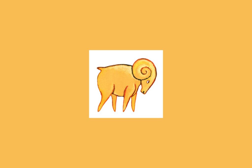 Uma ilustração simples de um carneiro amarelo com chifres em espiral, representando o signo de Áries, sobre um fundo claro cercado por um tom alaranjado