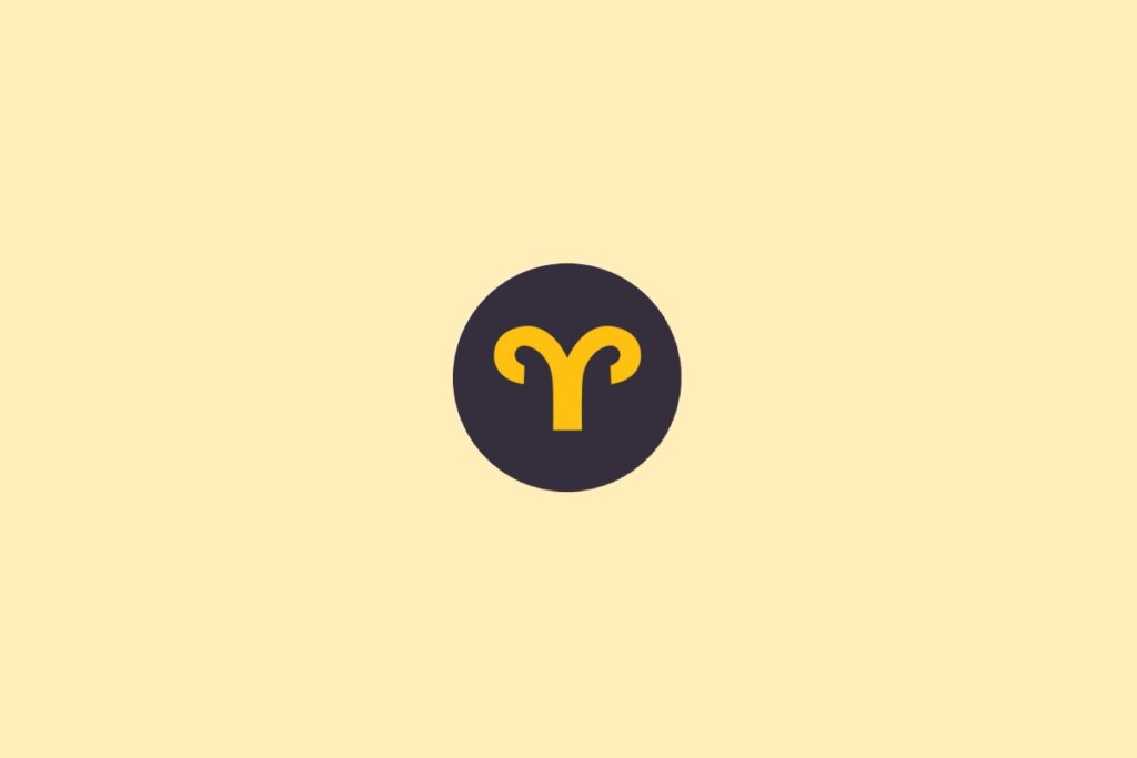 Um símbolo do signo de Áries em amarelo, dentro de um círculo escuro, sobre um fundo claro bege