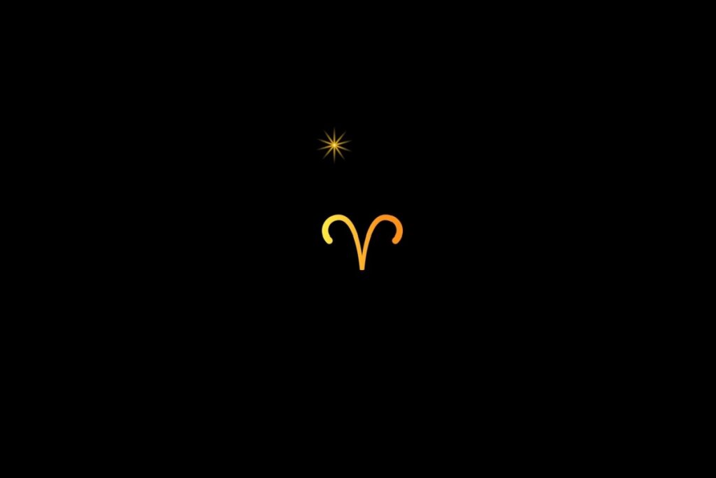 Ilustração do signo de áries em amarelo, em um fundo preto, com uma estrela do lado esquerdo superior
