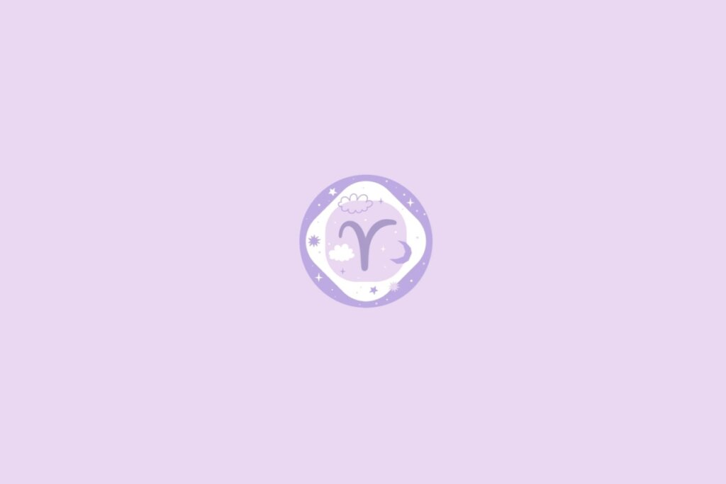 Imagem com fundo lilás com círculo roxo trazendo o símbolo de Áries e detalhes de nuvens, estrelas e lua