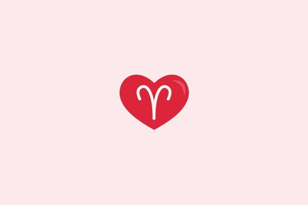Ilustração do signo de áries em um coração vermelho sobre um fundo rosa-claro