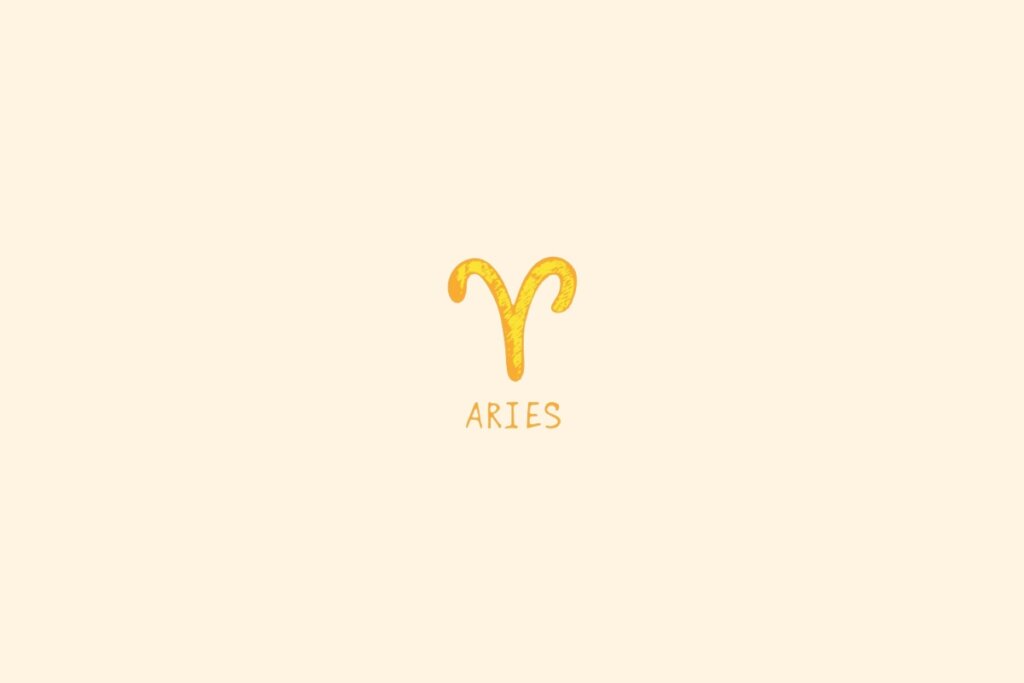 Símbolo do signo de Áries em dourado sobre fundo bege claro, com o nome “ARIES” abaixo