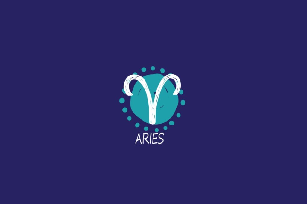Ilustração do signo de áries, na cor branca, sobre uma mancha verde, em um fundo azul-escuro