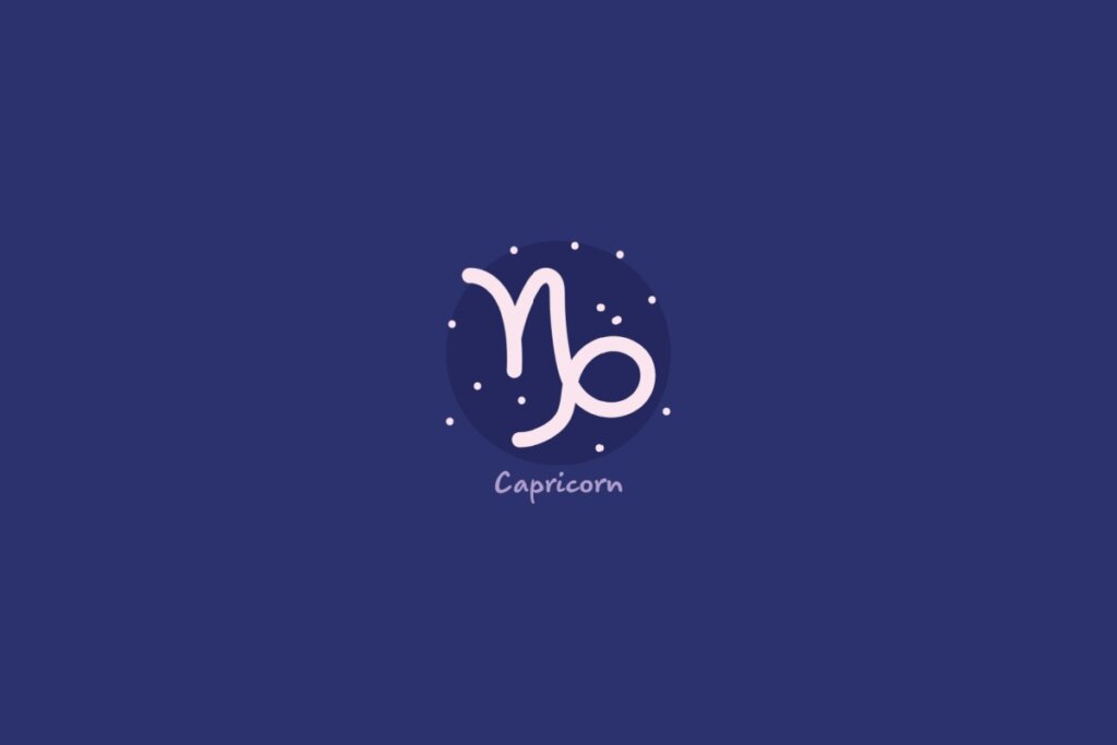 Ilustração do signo de capricórnio em um círculo azul-escuro, rodeado por estrelas, com o nome do signo abaixo, sobre fundo azul.