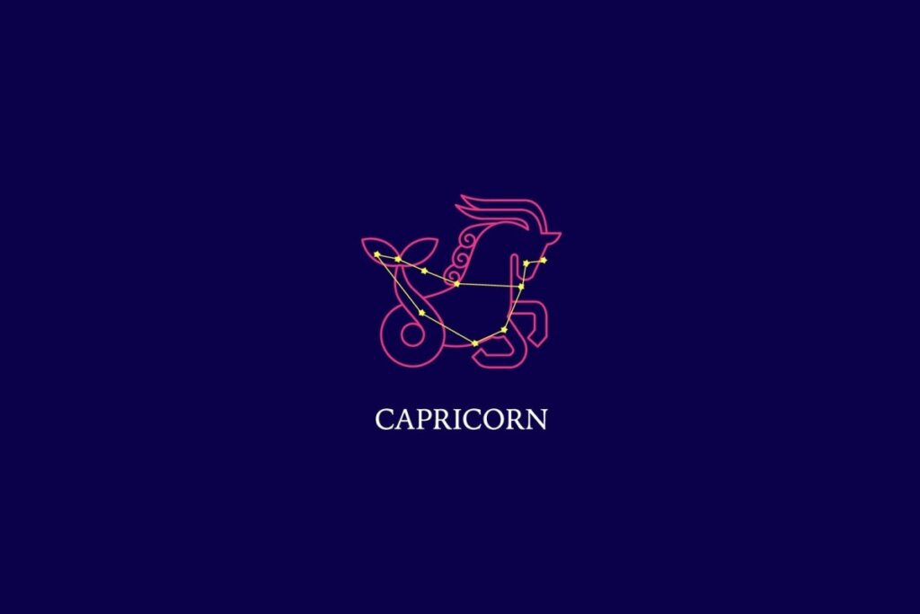 Ilustração do signo de capricórnio em um fundo azul-escuro 