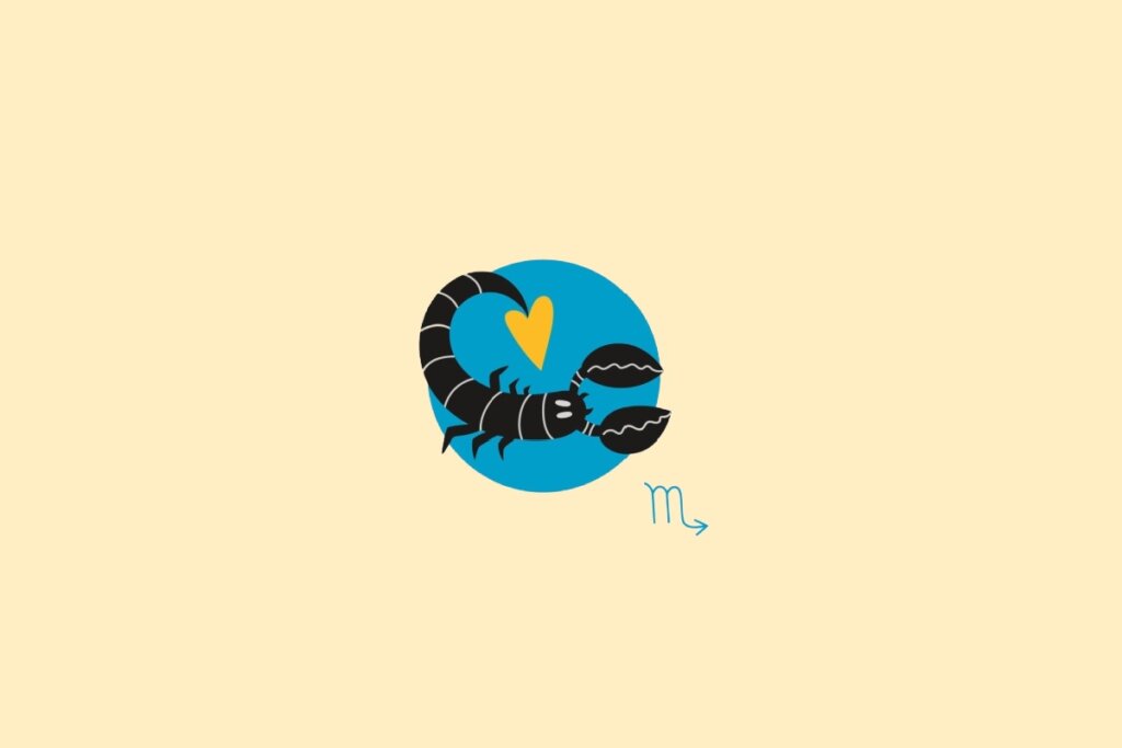 Ilustração de um escorpião em um círculo azul, sobre um fundo amarelo-claro