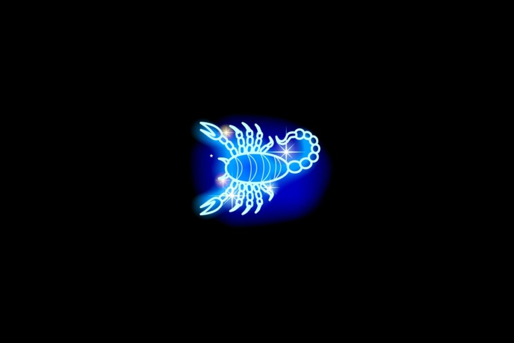 Ilustração do signo de escorpião em azul sobre um fundo preto