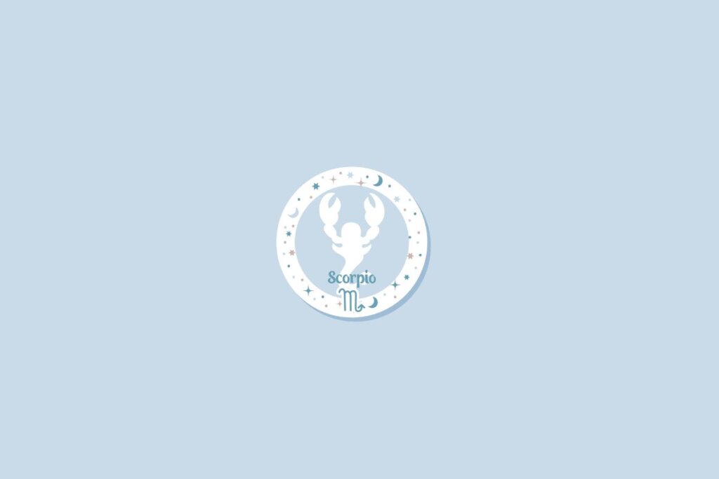 Símbolo do signo de escorpião sobre fundo azul-claro, com detalhes de estrelas e luas distribuídos ao redor em um círculo branco