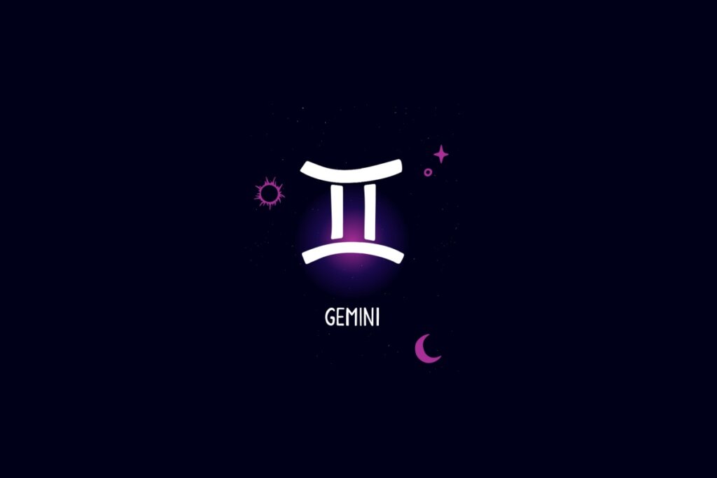 Ilustração do signo de gêmeos, na cor branca, em um fundo azul-escuro, com estrelas roxas ao redor