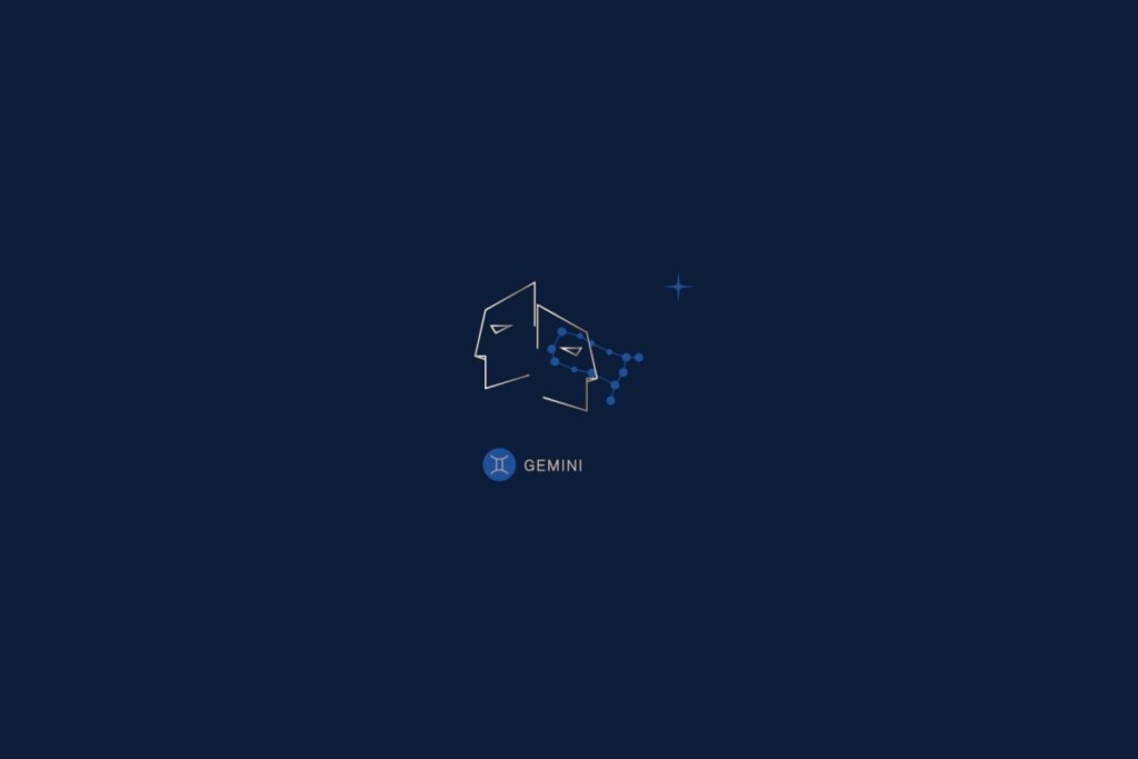 Ilustração de dois rostos, rodeado por estrelas, com o nome e a constelação do signo de gêmeos, em um fundo azul-escuro