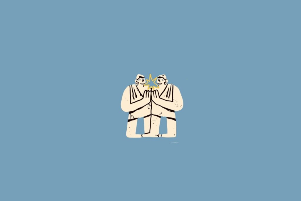 Ilustração de duas pessoas de mãos dadas em amarelo-claro sobre um fundo azul
