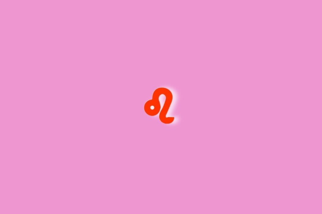 Fundo rosa com o símbolo do signo de leão em vermelho no centro da imagem. Luz branca ao redor dele