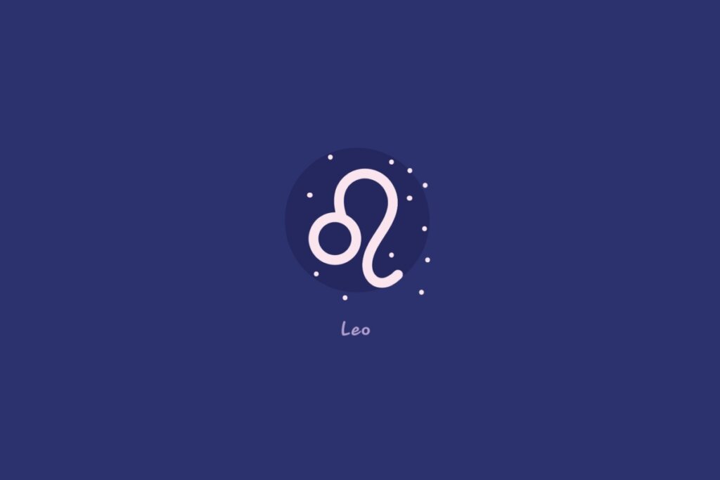 Ilustração do signo de leão em um círculo azul-escuro, rodeado por estrelas, com o nome do signo abaixo, sobre fundo azul.
