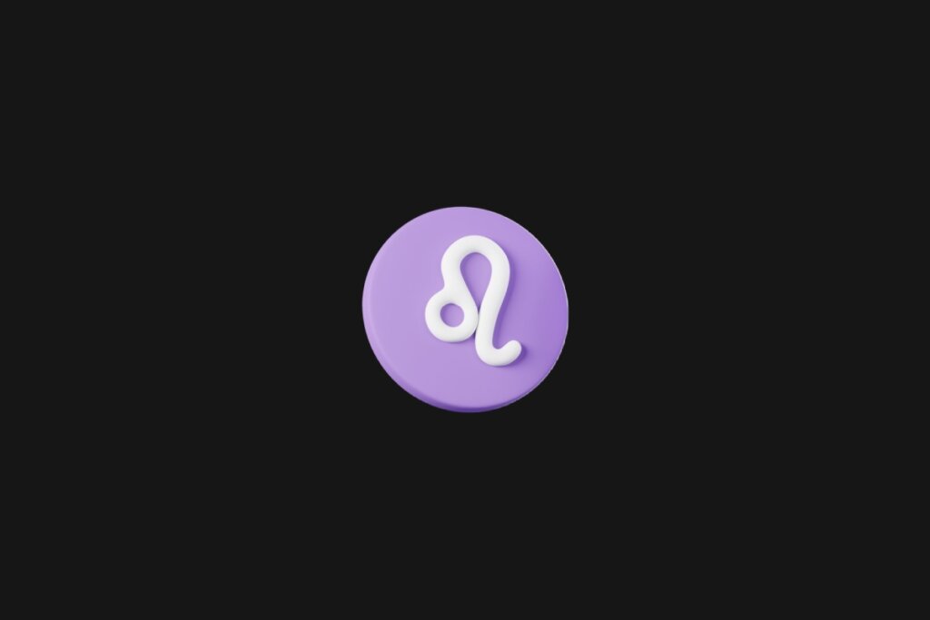 Ilustração do signo de leão em um círculo roxo e em cima de um fundo preto