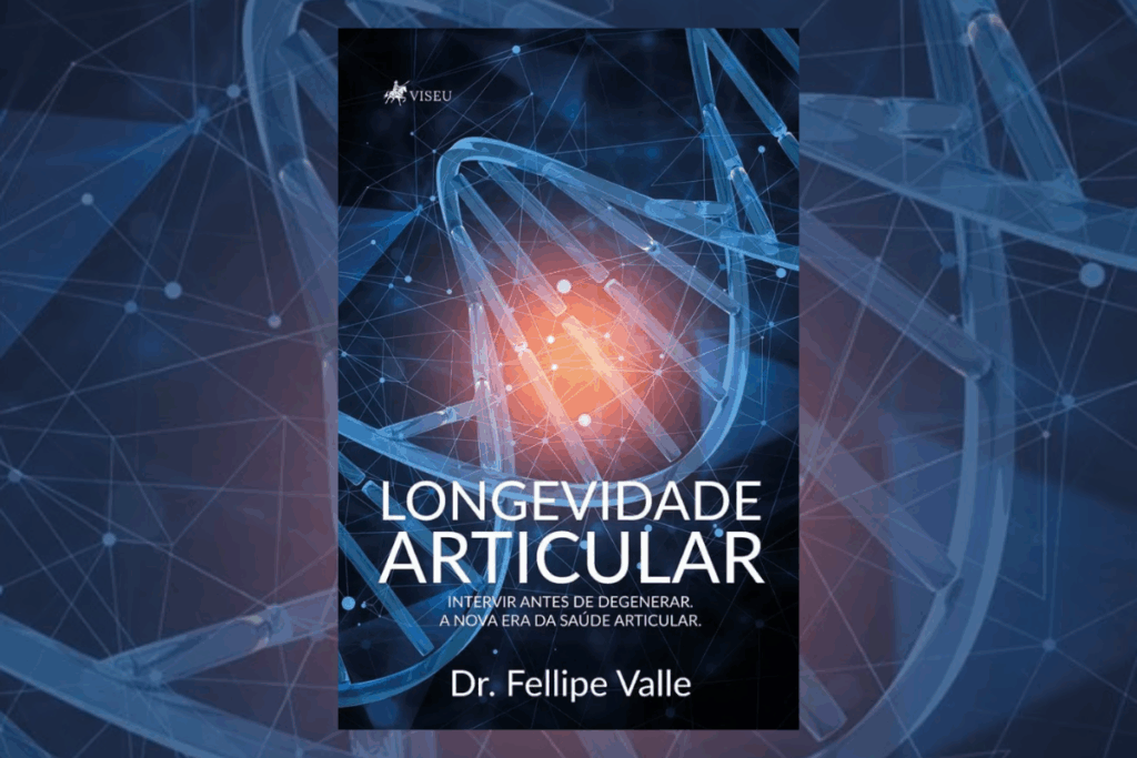 Capa de livro azul escura, com título e nome do autor em branco e com ilustração de DNA no fundo com luz laranja no centro