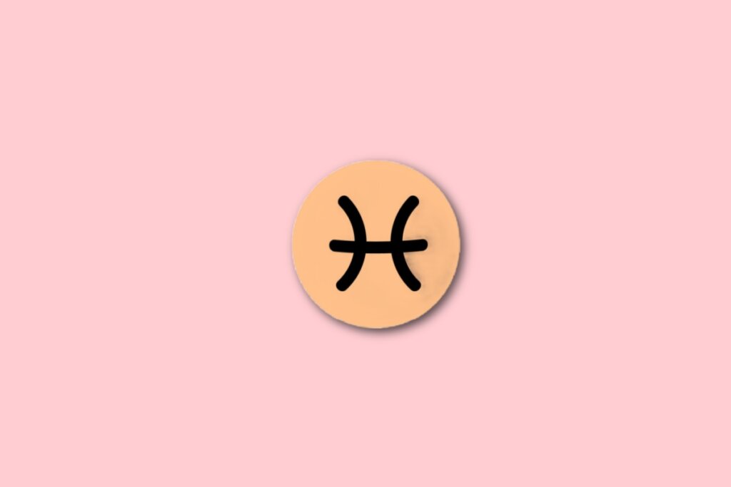 círculo laranja com ilustração preta do símbolo do signo de peixes sobre fundo rosa